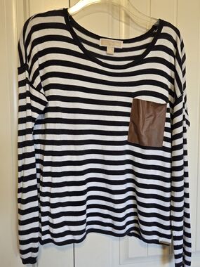 Striped Navy Blue & White Long Sleeve Top with Brown Pocket